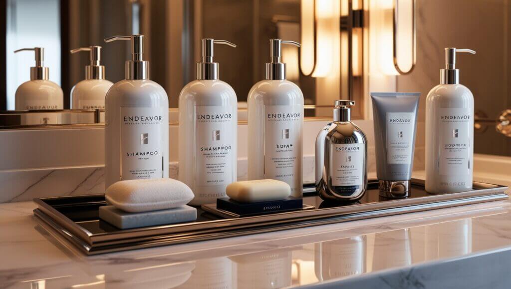 Elegant display of luxury hotel cosmetics in Europe provided from ENDEAVOR, featuring beautifully designed bottles of shampoo, body wash, conditioner, and lotion. The hotel toiletries are neatly arranged up on a sleek luxurious stand, enhancing the feeling of opulence and guest comfort. These premium guest toiletries elevate the hotel amenities, offering a refined experience for guests.