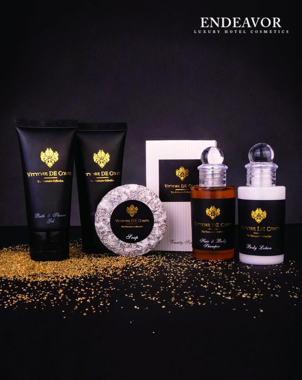 A set of luxury hotel toiletries, amenities Vittore De Conti with soap, shampoo, conditioner, body lotion