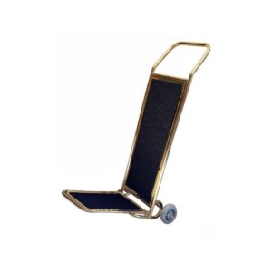 Gold plated steel hotel luggage cart with black panel, designed for efficient baggage handling. A stylish and durable valet cart for luxury hotel amenities.