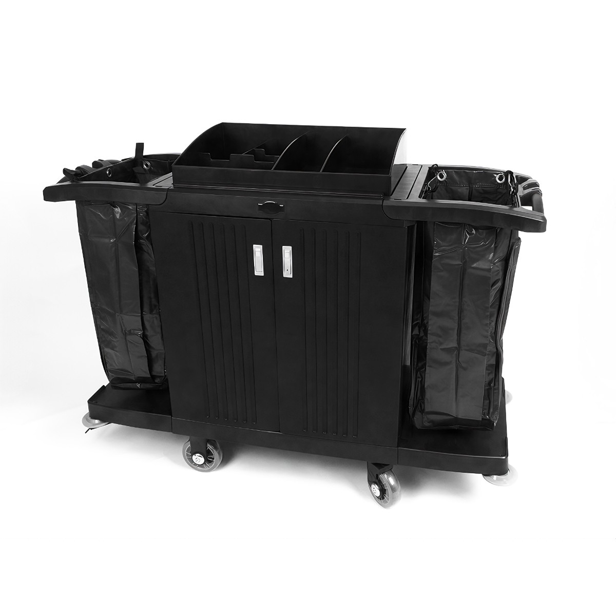 Black hotel housekeeping cart with enclosed cabinet, multiple compartments, and dual side laundry bags. Ideal housekeeping trolley for efficient hotel cleaning.