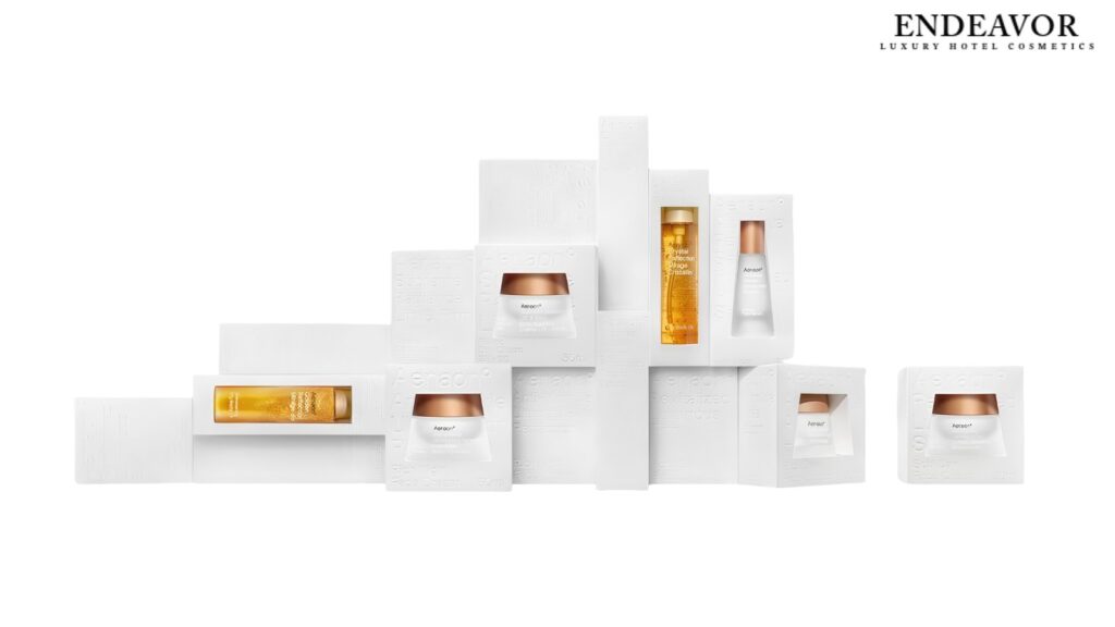 A collection of Aenaon luxury skincare cosmetics, showcasing premium natural skincare products in elegant, eco-friendly packaging, including anti-wrinkle serums, luminous oils, and firming creams made with natural ingredients.