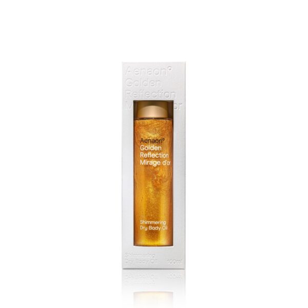 Golden Reflection Shimmering Dry Oil by Aenaon a premium organic skincare oil 100 ml designed for women and spa professionals, offering deep hydration, a luminous shimmer, and a touch of indulgence with natural ingredients for a radiant glow.
