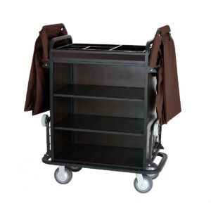 Luxury hotel housekeeping cart with sturdy black metal frame, dark wooden shelves, and brown fabric laundry bags. Ideal housekeeping trolley for hotels.