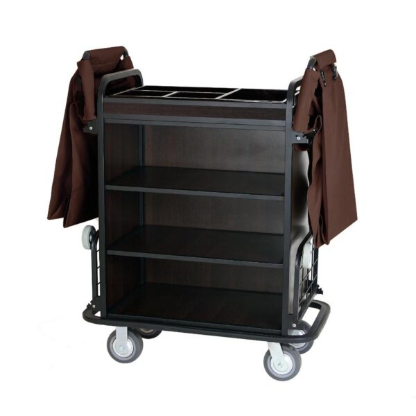 Luxury hotel housekeeping cart with sturdy black metal frame, dark wooden shelves, and brown fabric laundry bags. Ideal housekeeping trolley for hotels.