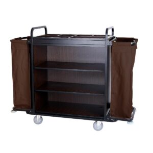 Spacious hotel housekeeping trolley with multiple shelves and large brown laundry bags on both sides. Premium hotel equipment for efficient cleaning.