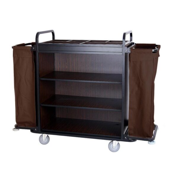 Spacious hotel housekeeping trolley with multiple shelves and large brown laundry bags on both sides. Premium hotel equipment for efficient cleaning.