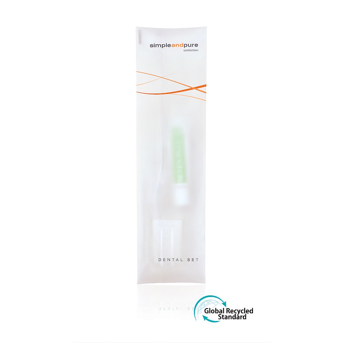 Transparent eco-packaged hotel dental set featuring a toothbrush and mini toothpaste part of the Simple And Pure hotel toiletries collection, ideal as sustainable hotel accessories or guest amenities.