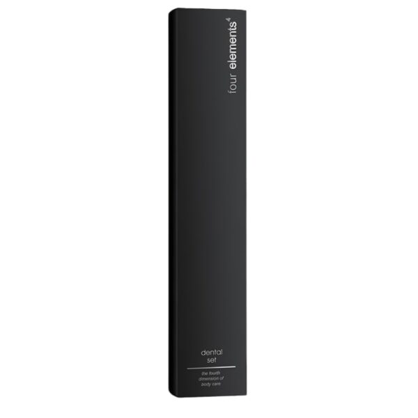 Minimalist black boxed Four Elements hotel dental set featuring sleek packaging, a premium hotel accessory ideal for modern guest amenities and luxury hotel toiletries.
