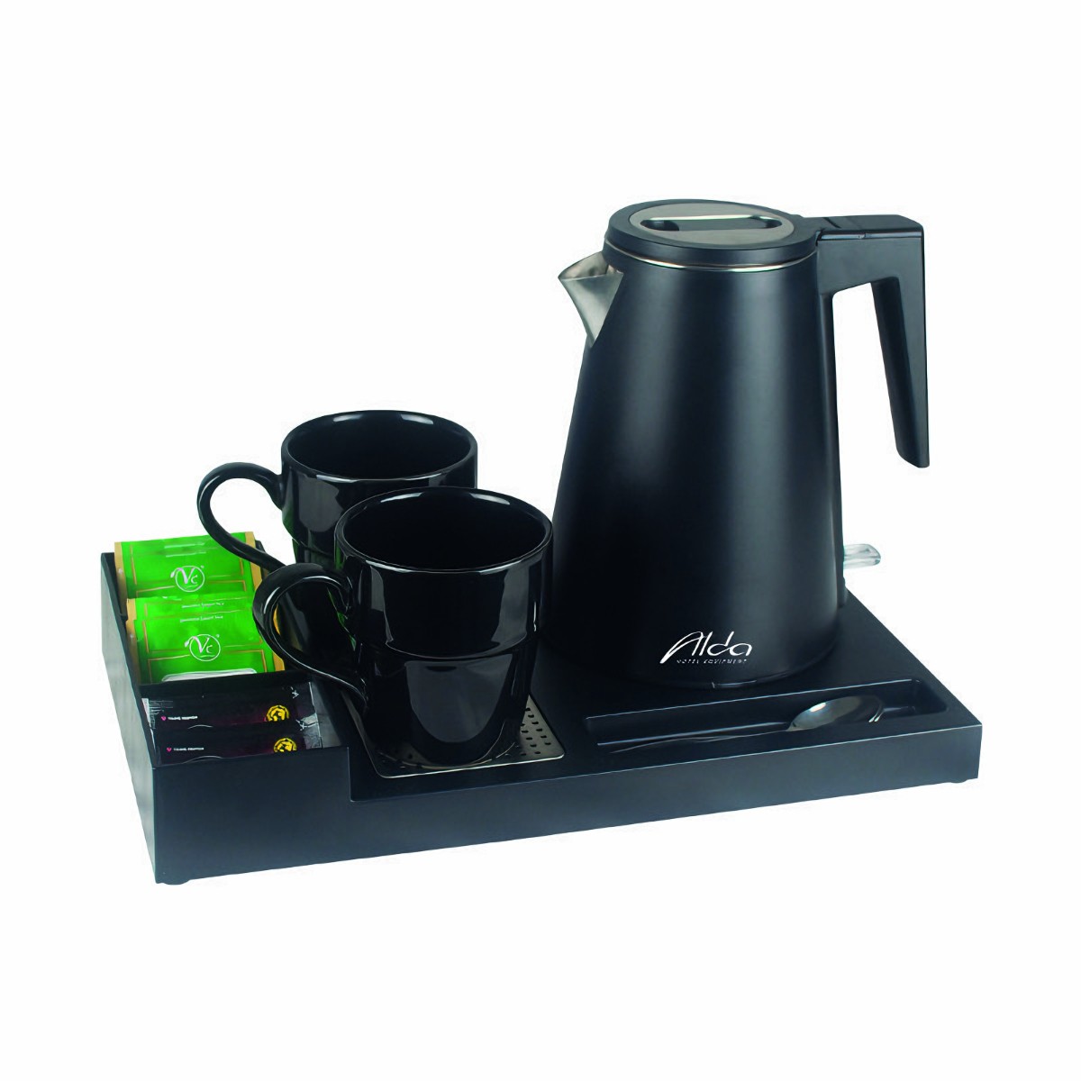 Luxury hotel kettle set featuring a sleek black 0.8L electric kettle, two black mugs, tea sachets, and spoons on a hotel kettle tray set for premium guest amenities.