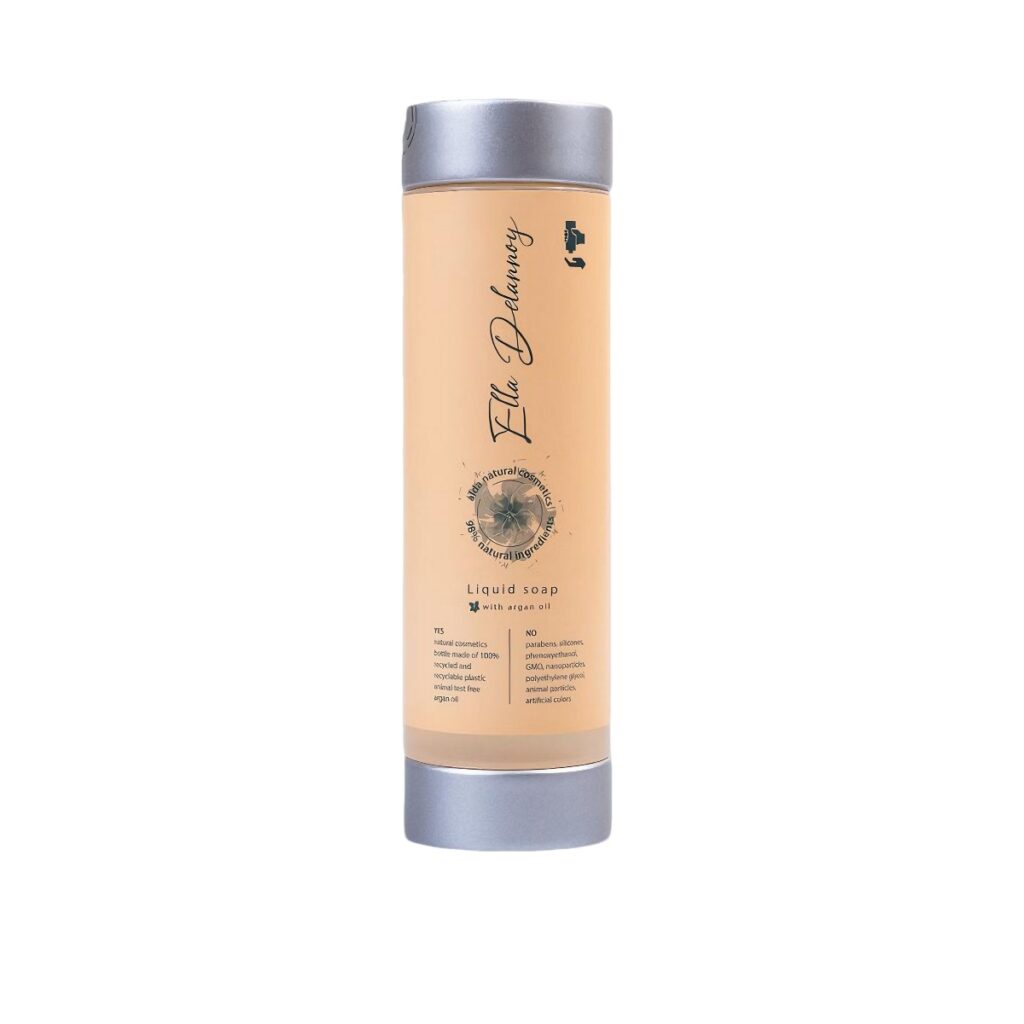 300ml Ella Delannoy liquid soap in an elegant easy-press dispenser, made with over 98% natural ingredients and argan oil, ideal for luxury hotel cosmetics and guest toiletries.