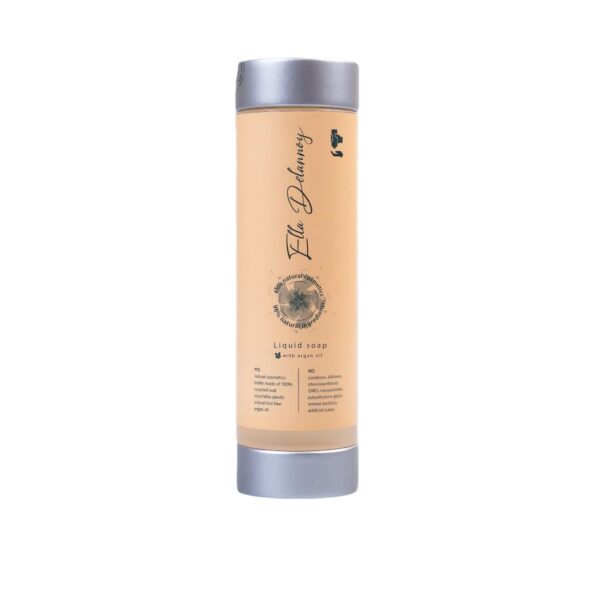 300ml Ella Delannoy liquid soap in an elegant easy-press dispenser, made with over 98% natural ingredients and argan oil, ideal for luxury hotel cosmetics and guest toiletries.