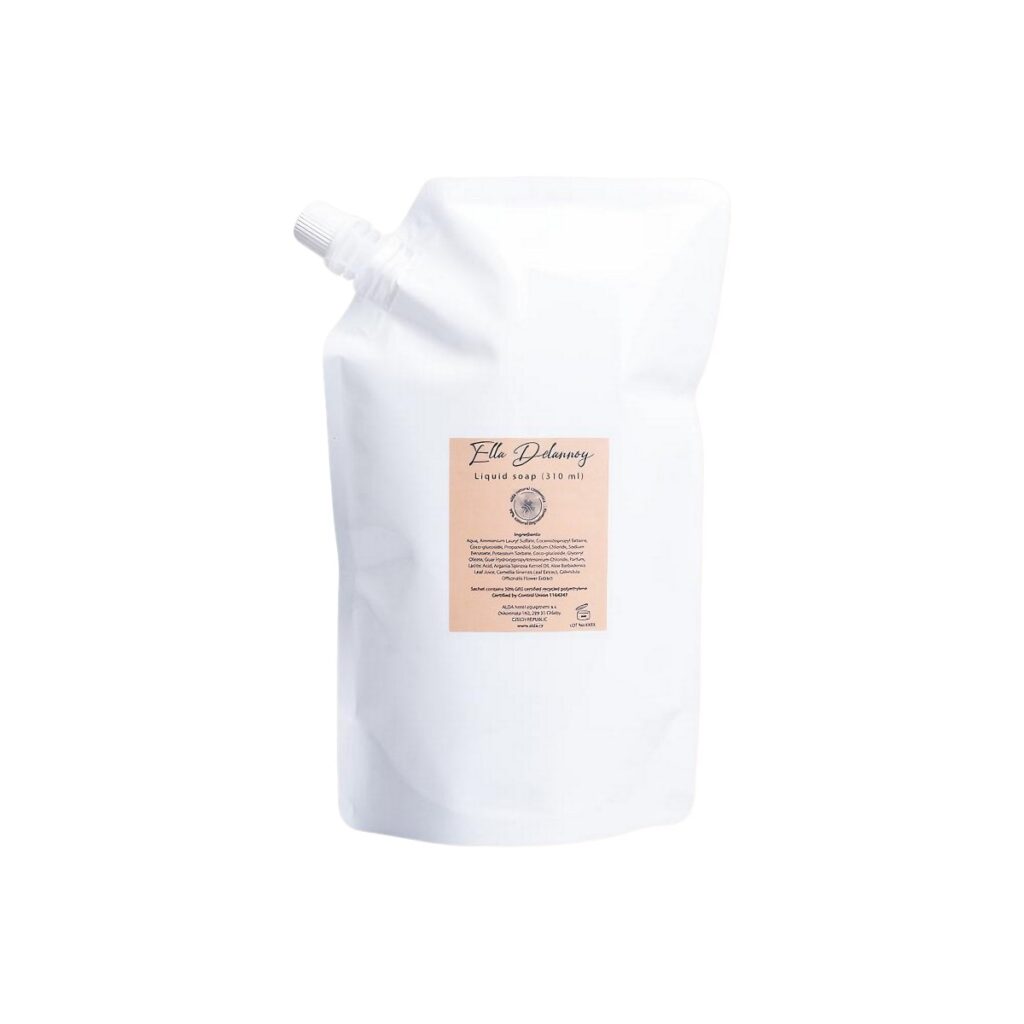 Eco-friendly refill pouch bag of Ella Delannoy liquid hand soap with argan oil for hotel supplies, perfect for sustainable luxury hotel cosmetics and guest toiletries.