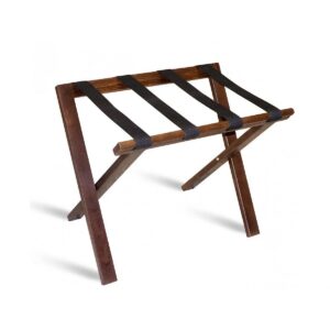 Walnut wooden luggage rack with black support straps, foldable design perfect for hotel room luggage racks, guest baggage stands, and premium hotel equipment.