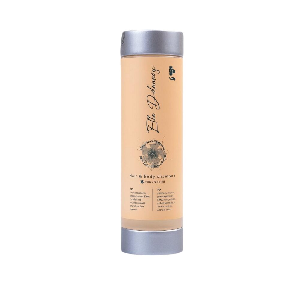 Ella Delannoy 300ml hair and body shampoo in a stylish press dispenser, enriched with argan oil and natural extracts, perfect for hotel amenities and luxury hotel toiletries.
