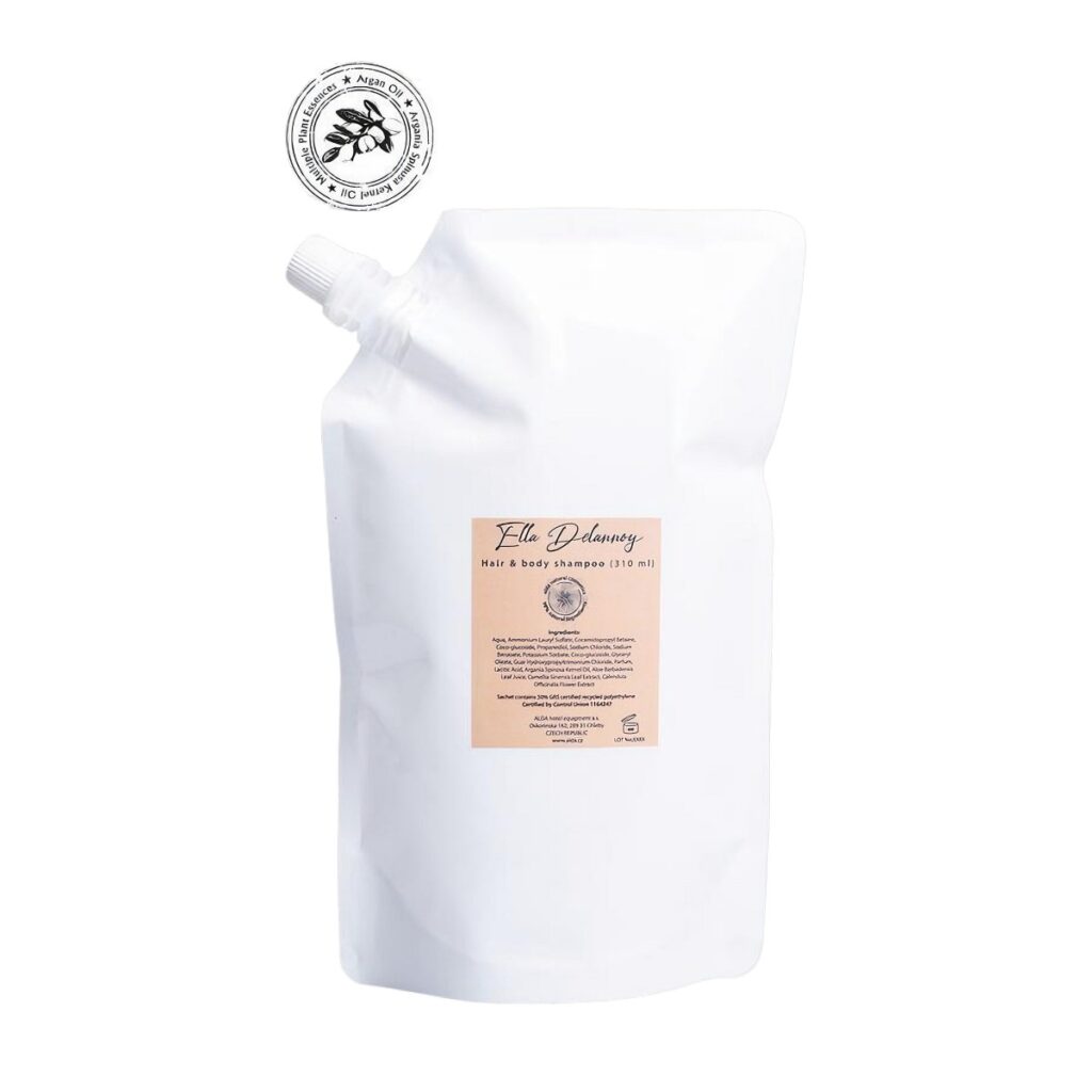 Eco-friendly refill pouch bag of Ella Delannoy hair and body shampoo for hotel supplies, perfect for sustainable luxury hotel cosmetics and guest toiletries.