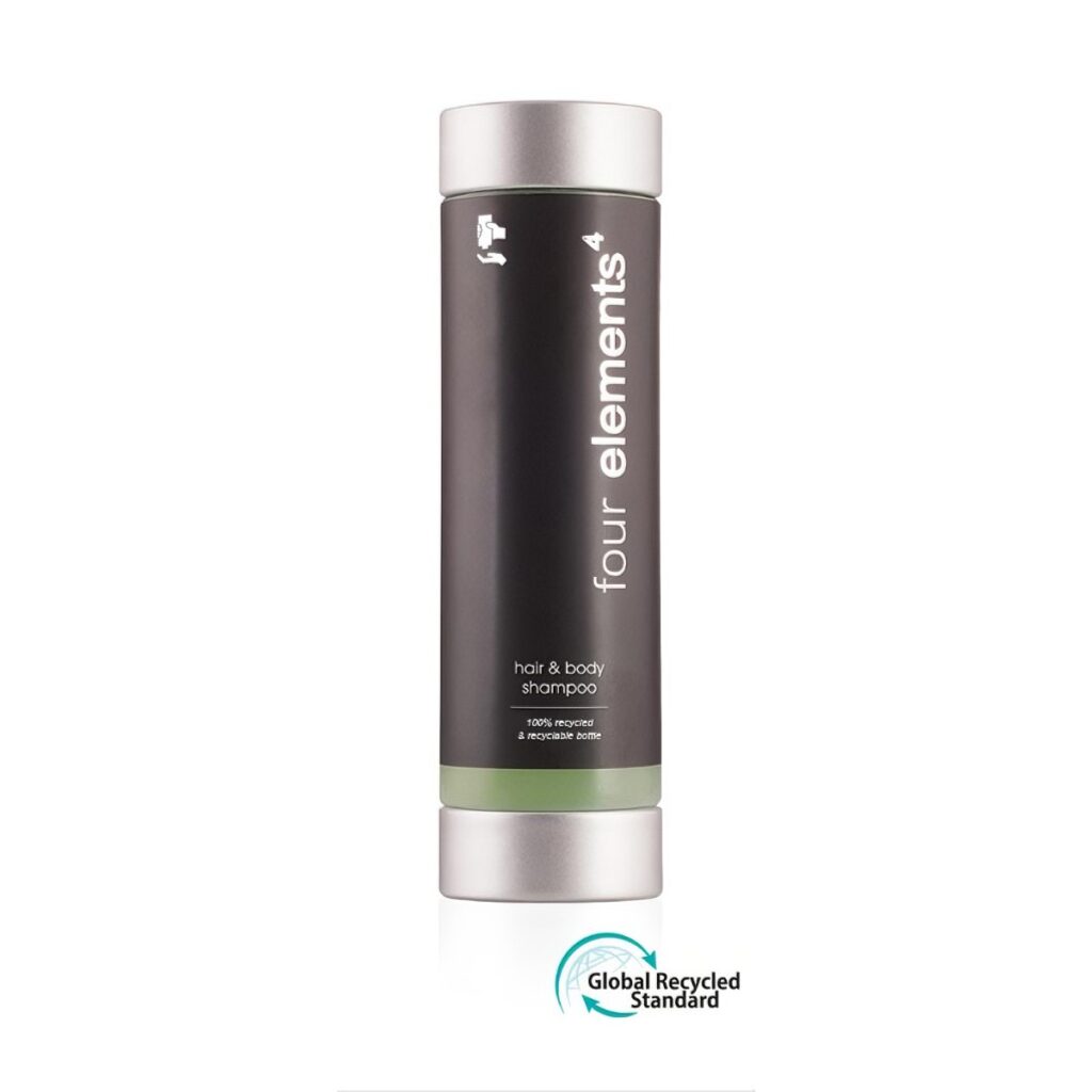 Four Elements 300ml hair and body shampoo in a stylish press dispenser, enriched with seaweed mint extracts, perfect for hotel amenities and luxury hotel toiletries.