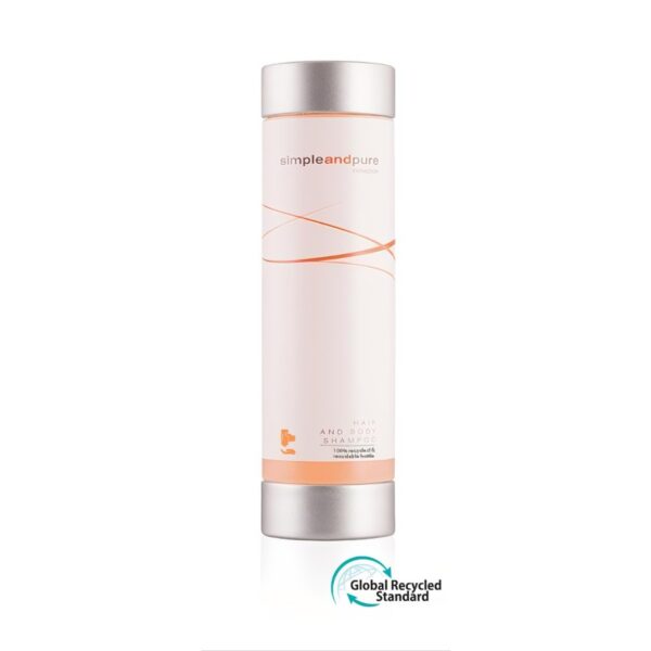 300ml bottle of "Simple and Pure" hotel shampoo for hair and body, featuring luxury hotel cosmetics in a recyclable press bottle, ideal hotel amenities and guest toiletries.