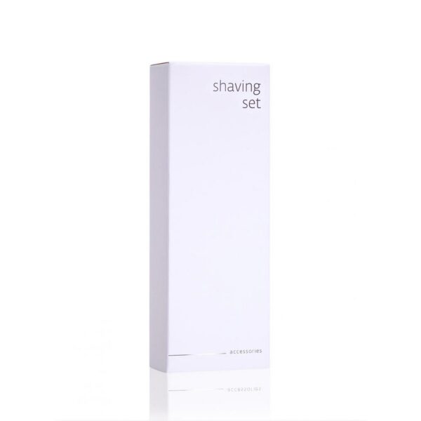 Minimalist white shaving set box labeled 'accessories', ideal hotel accessory for upscale guest amenities and modern hotel rooms.