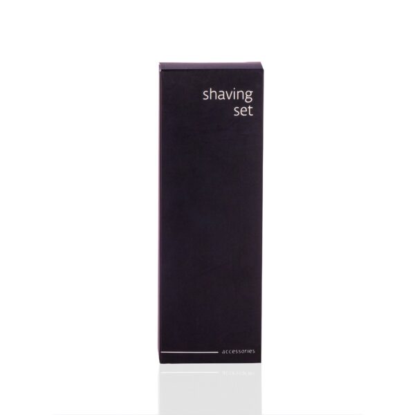 Minimalist black shaving set box labeled 'accessories', ideal hotel accessory for upscale guest amenities and modern hotel rooms.