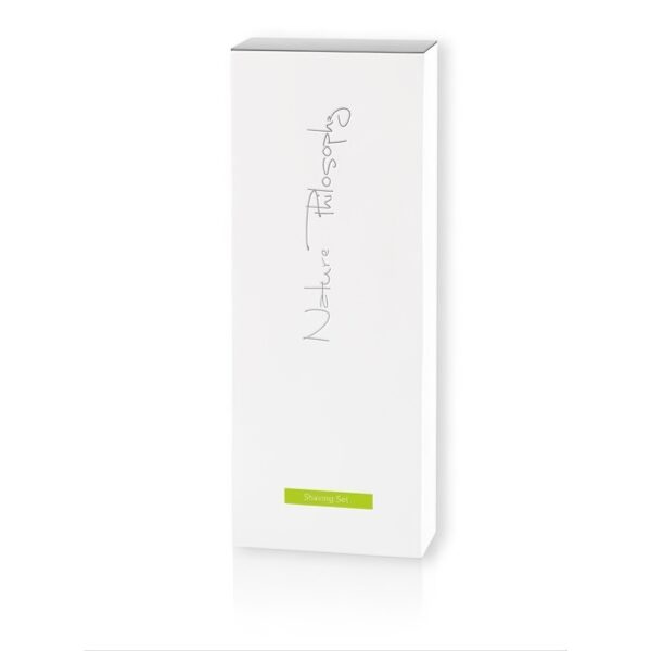 Elegant white shaving set box labeled "Nature Philosophy", part of premium hotel amenities and guest accessories for upscale hotel rooms.