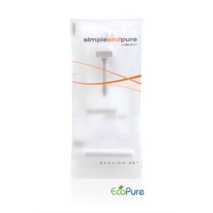 Eco-friendly hotel shaving set with disposable razor and shaving cream in a sleek package, part of the Simple And Pure hotel toiletries collection. Premium guest amenities for modern hotel accessories.