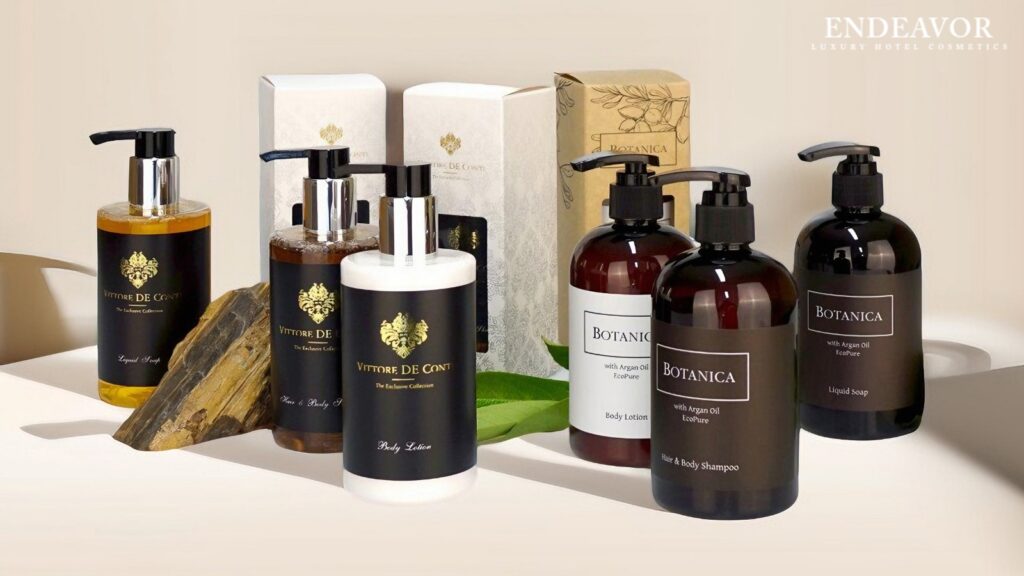 A display of Endeavor's luxurious hotel cosmetics, toiletries for guests amenities. The best in Europe, made for hotels, resorts, wellness.