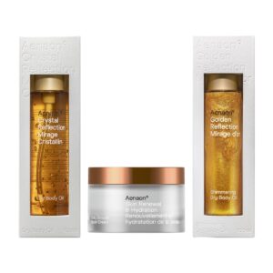 Aenaon luxury skin care set with Crystal Reflection dry body oil, shimmering body oil, and skin renewal body cream, perfect summer offer for glowing hydration.