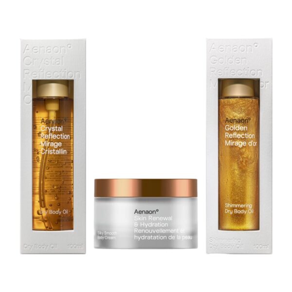 Aenaon luxury skin care set with Crystal Reflection dry body oil, shimmering body oil, and skin renewal body cream, perfect summer offer for glowing hydration.