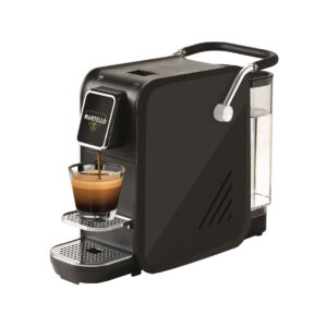 Black capsule smart coffee machine Martello dispensing espresso into a glass cup, ideal as a hotel coffee machine and premium guest amenity for hotel appliances.