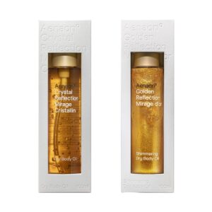 Limited edition Aenaon dry body oil duo with natural crystal and golden shimmering oils, summer sales must-have for smooth, radiant skin care and wellness.