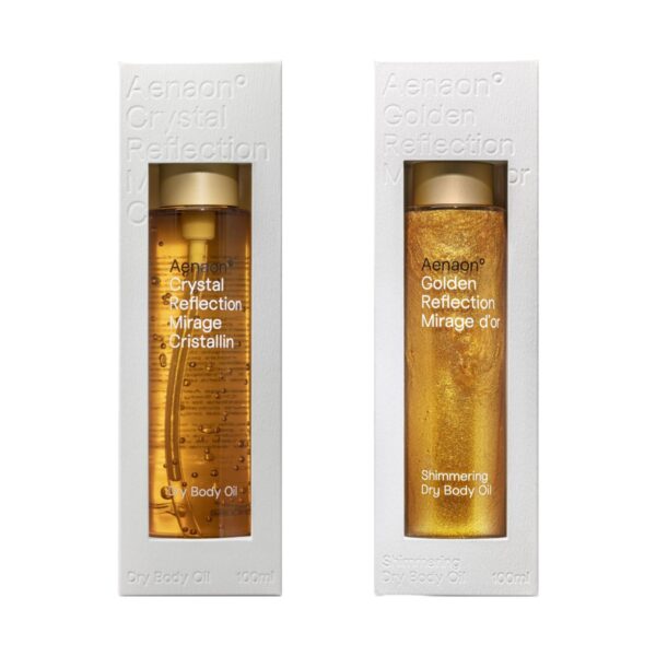 Limited edition Aenaon dry body oil duo with natural crystal and golden shimmering oils, summer sales must-have for smooth, radiant skin care and wellness.