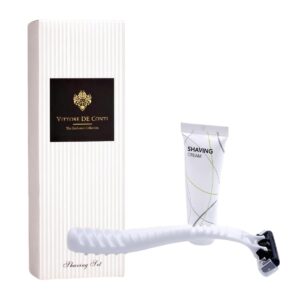 Luxury hotel shaving set Vittore De Conti with white razor and shaving cream, displayed beside a sleek box, perfect guest amenities and hotel accessories.