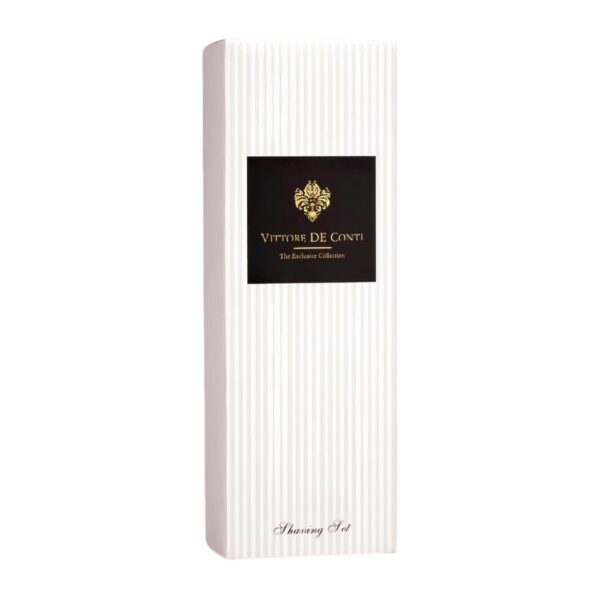 Elegant white shaving set box labeled Vittore De Conti, part of premium hotel amenities and guest accessories for upscale hotel rooms.