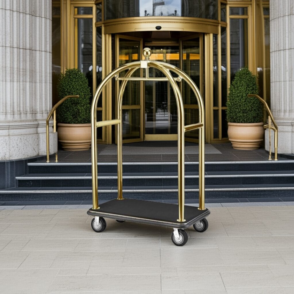 A hotel luggage trolley cart for valet services in front of a luxurious hotel entrance