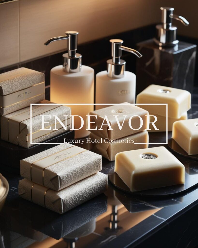 Hotel amenities set from Endeavor with soaps and hotel toiletries bottles