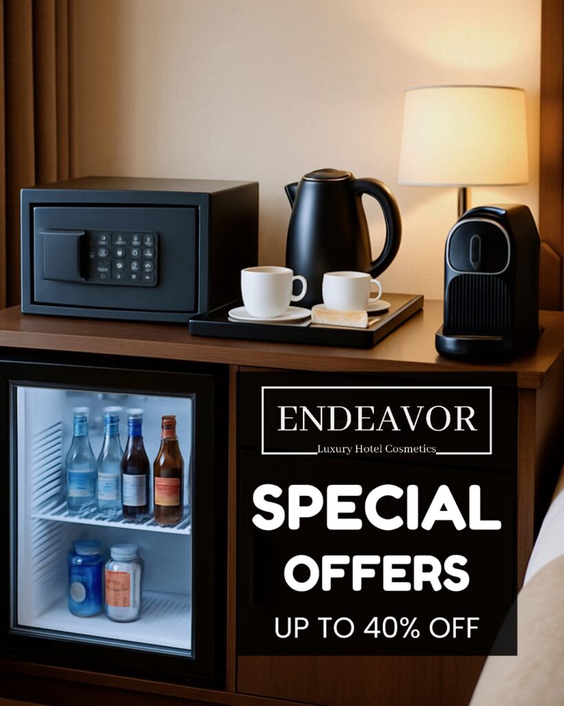 Special offers on hotel equipment with fridge, coffee machine, kettle set, safe locker