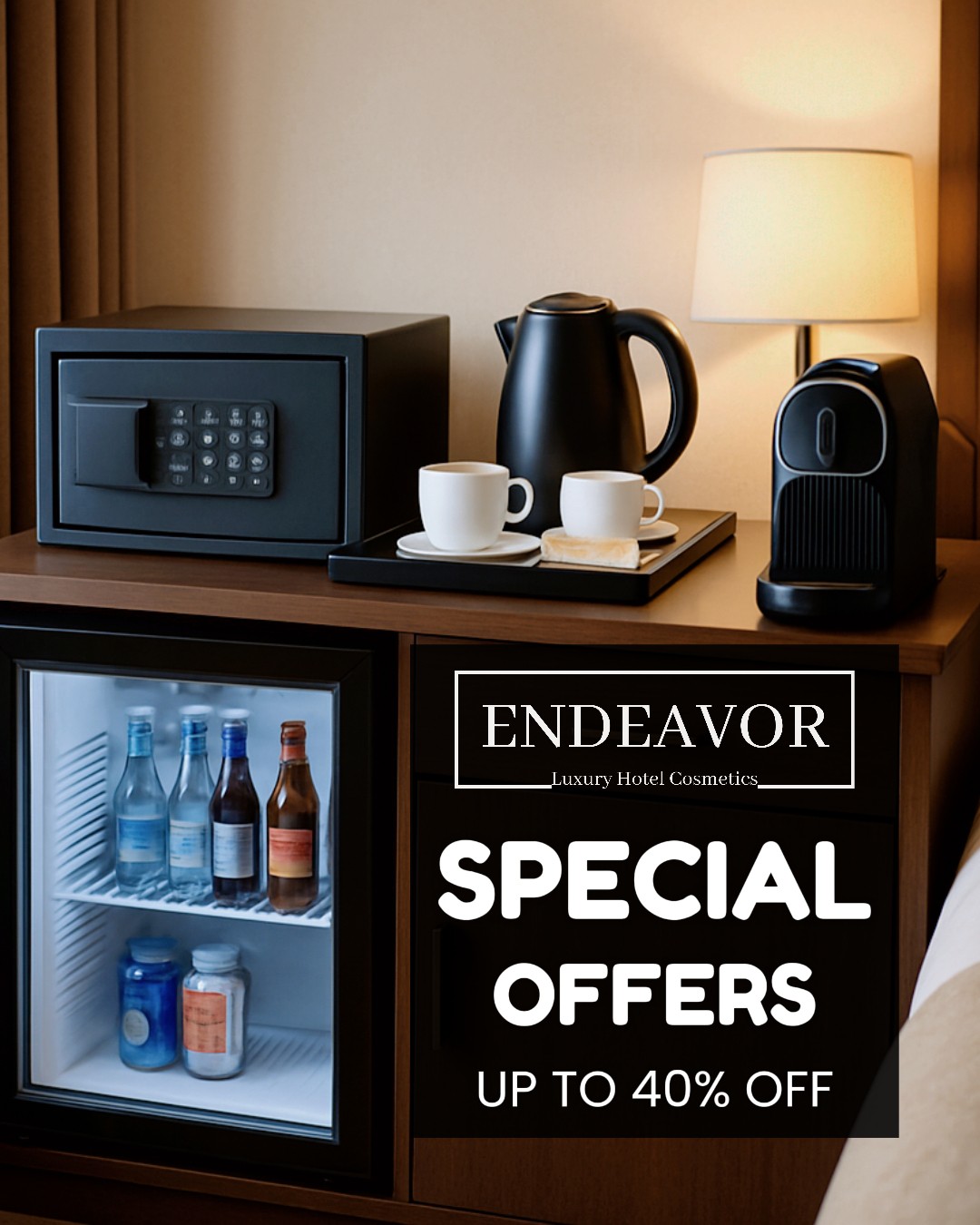 Special offers on hotel room amenities, hotel equipment with fridge, coffee machine, kettle set, safe locker