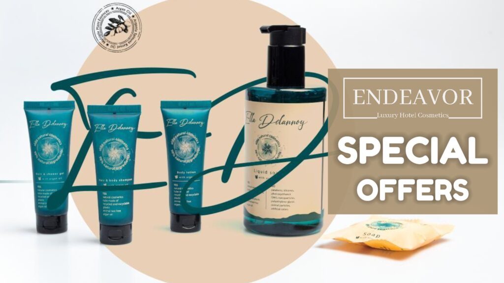 Special offers on hotel toiletries, travel sized, with shampoo, conditioner, body wash, body lotion in tubes, soap in bag and liquid soap in bottle.