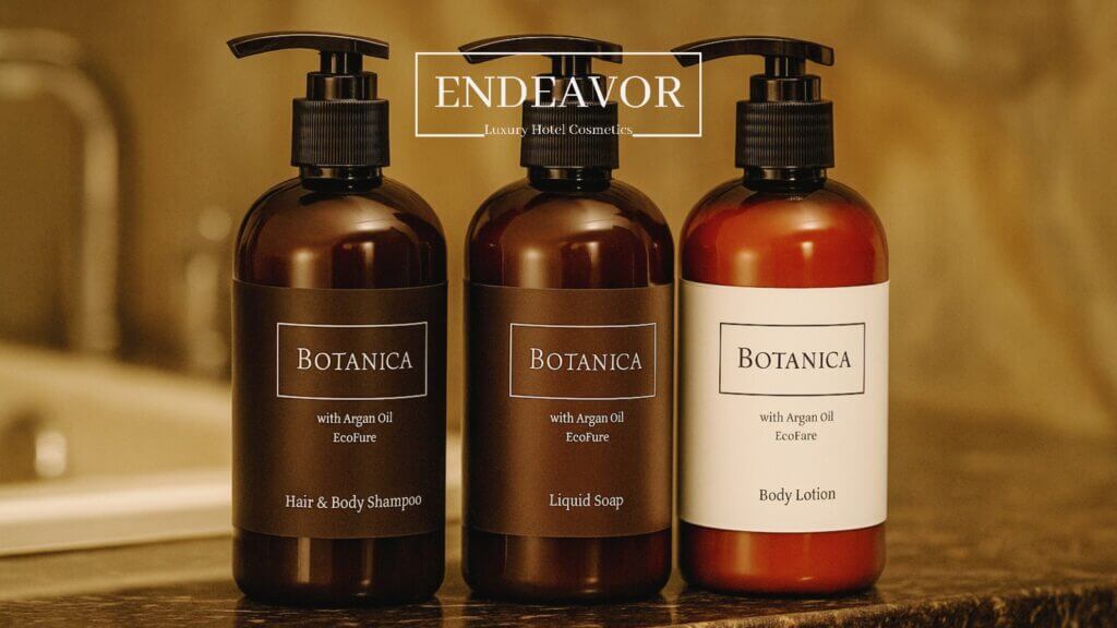 A set of Botanica argan oil hotel toiletries in dispenser 360ml bottles with shampoo, liquid soap and body lotion