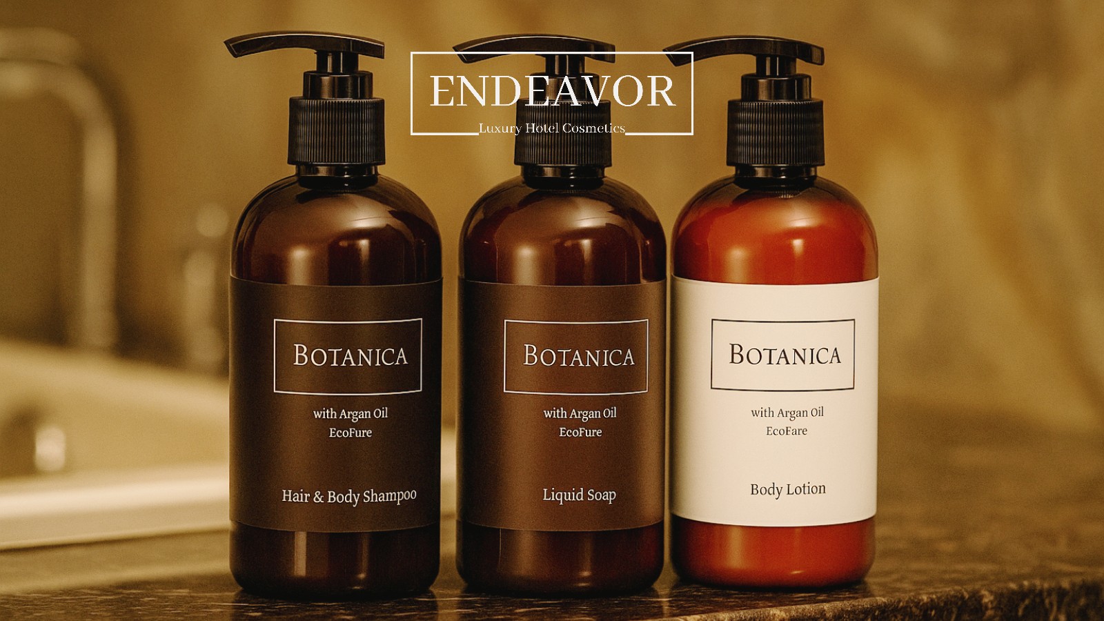 A set of Botanica hotel cosmetics with argan oil, dispenser 360ml bottles with shampoo, liquid soap and body lotion