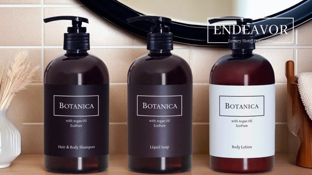 A set of Botanica luxury hotel cosmetics with shampoo, body lotion and liquid soap in bottles.