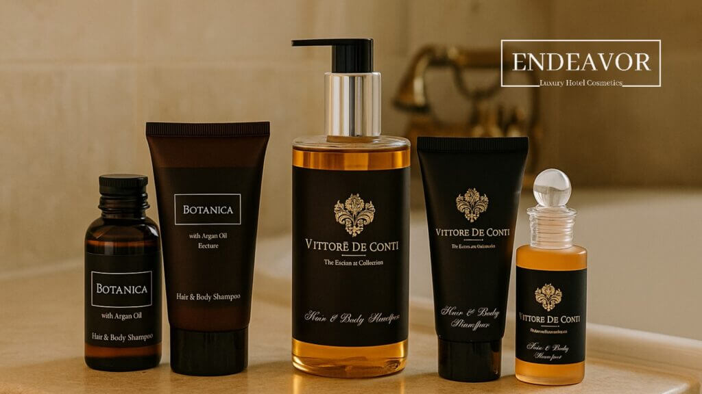 hotel shampoos in dispenser refillable bottles, miniature bottles and travel sized tubes. Luxury hotel amenities, toiletries and cosmetics from ENDEAVOR.