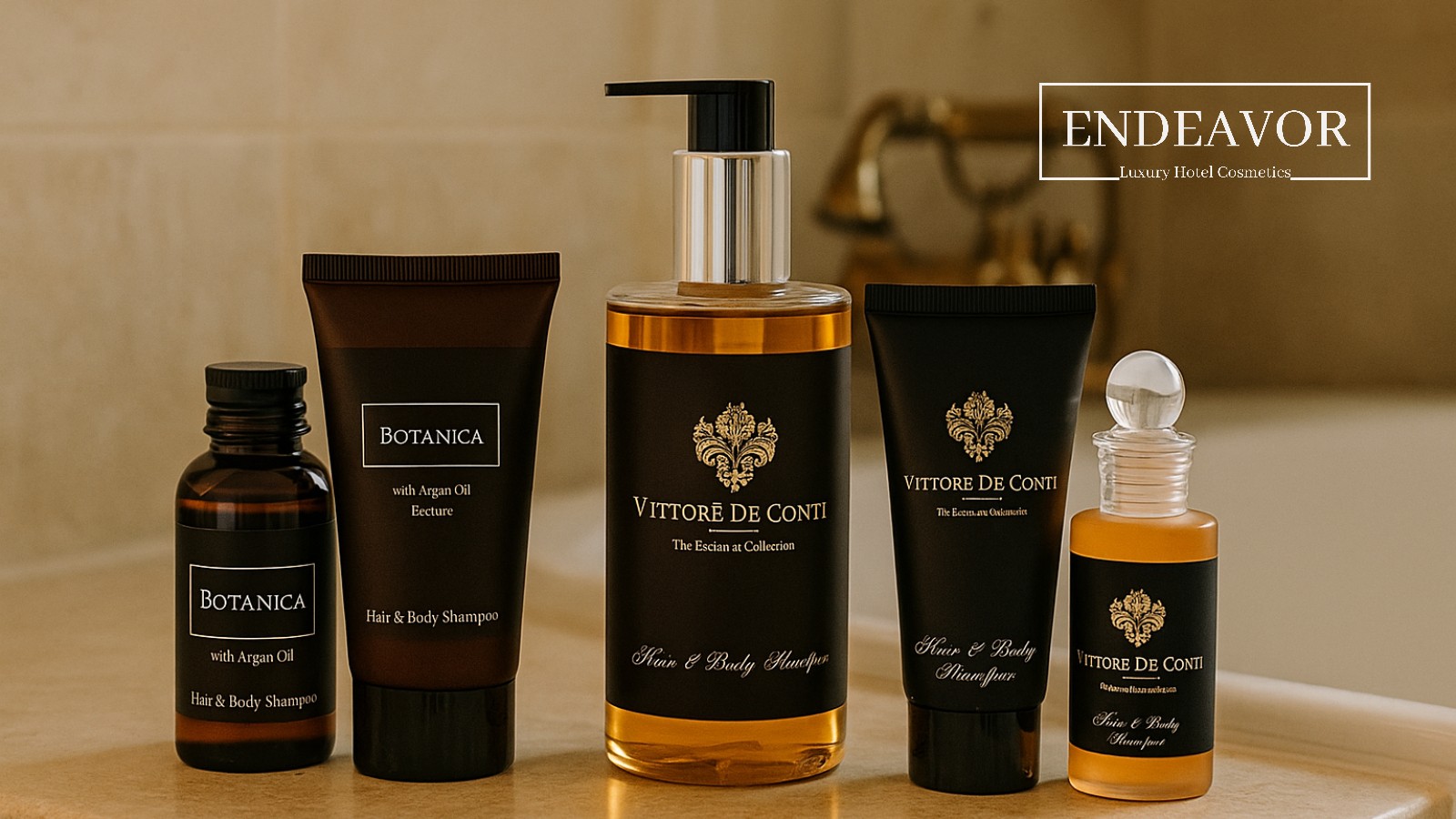 hotel shampoos in refillable bottles, miniature bottles and travel sized tubes. Luxury hotel cosmetics, toiletries and amenities from ENDEAVOR.