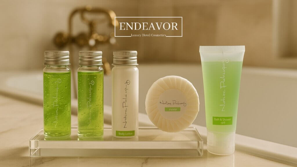 Hotel toiletries set Nature Philosophy with green tea with soap, shampoo, body wash shower gel, body lotion, conditioner