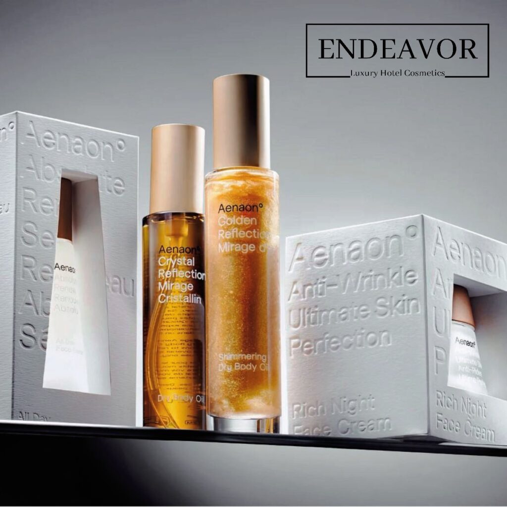 Aenaon skincare luxury natural cosmetics with face cream, serum, dry body oil, shimmering body oil, body cream
