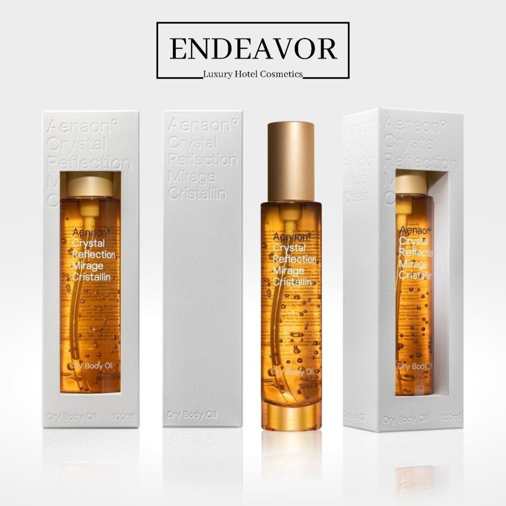 A dry body oil bottle 100ml Crystal Reflection Aenaon natural skincare cosmetics in a luxurious white package