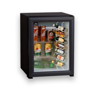 A hotel minibar fridge with a glass door, black color and 30 liter volume.