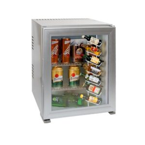 A hotel minibar fridge with a glass door, silver color and 30 liter volume.