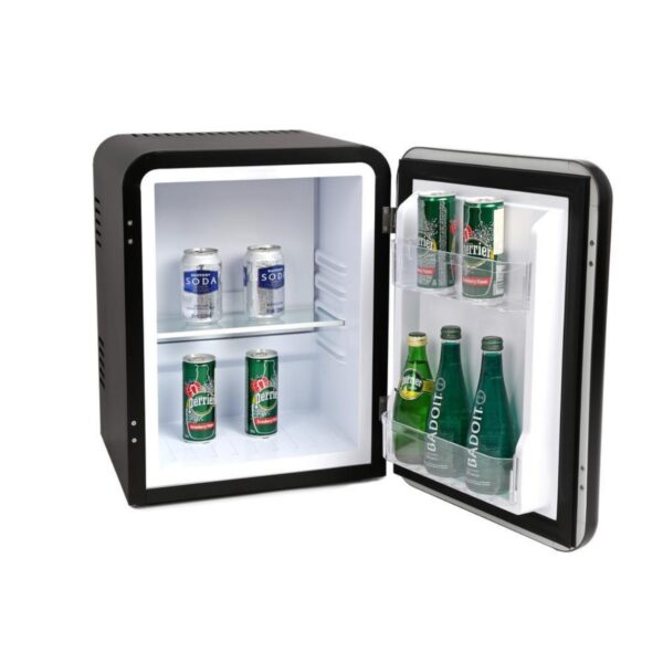 A hotel minibar fridge retro style with black color and 30 liters volume.