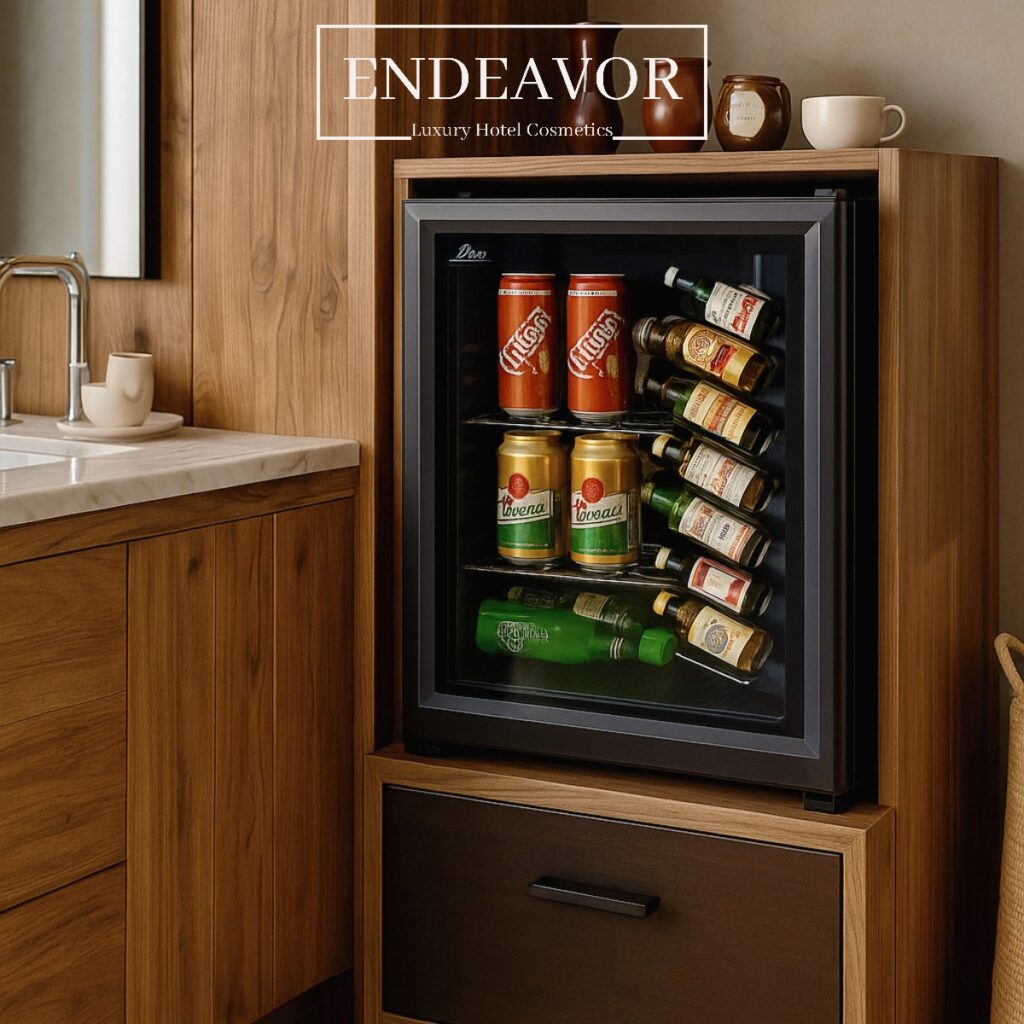 A hotel minibar fridge for hotel room offered from ENDEAVOR hotel supplier in Europe.